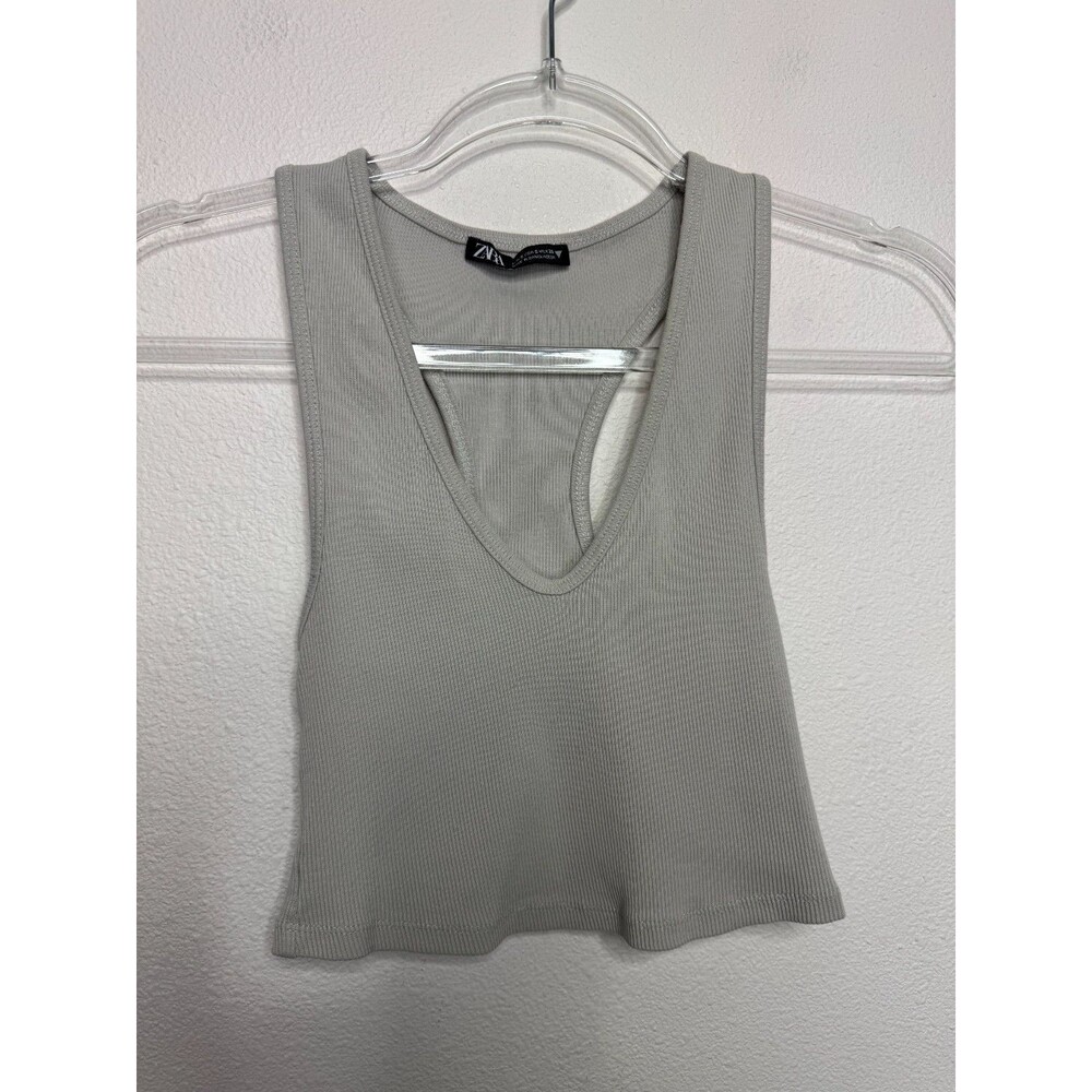 Zara Small Tank Top Gray Racerback Ribbed V- Neck Cropped Sleeveless Stretch